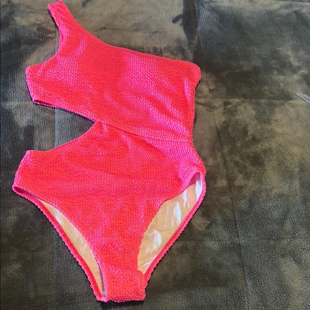 One-Shoulder Pink Textured One Piece Swimsuit - Picture 1 of 7